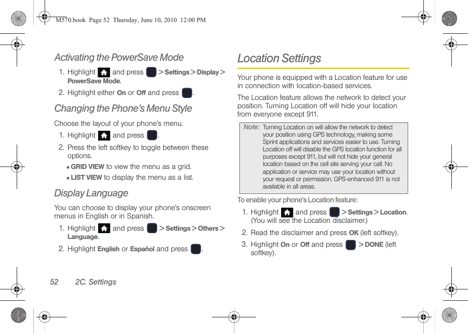 Activating the powersave mode, Changing the phone’s menu style, Display language | Location settings | Samsung SPH-M570ZKASPR User Manual | Page 64 / 211