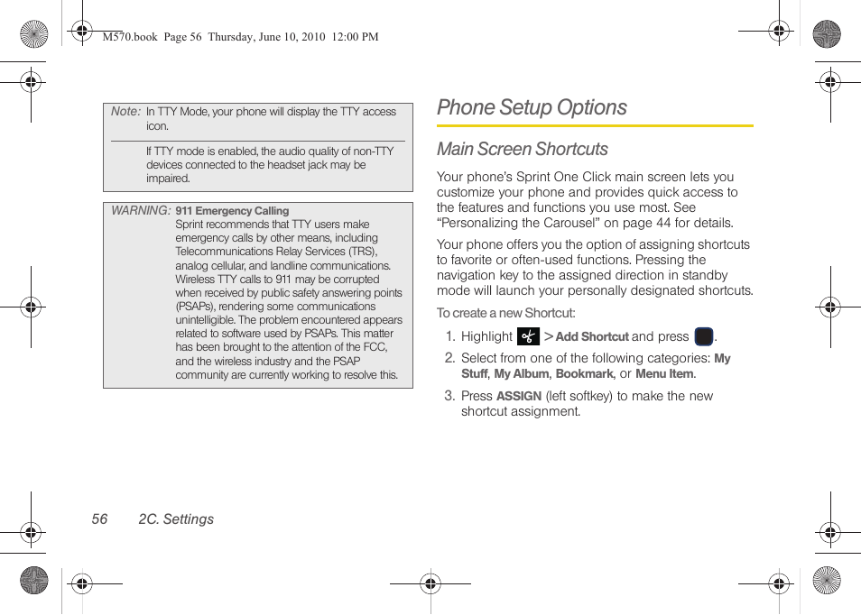 Phone setup options, Main screen shortcuts | Samsung SPH-M570ZKASPR User Manual | Page 68 / 211