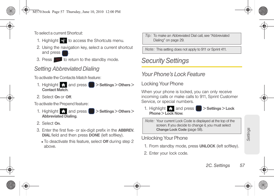 Setting abbreviated dialing, Security settings, Your phone’s lock feature | Samsung SPH-M570ZKASPR User Manual | Page 69 / 211