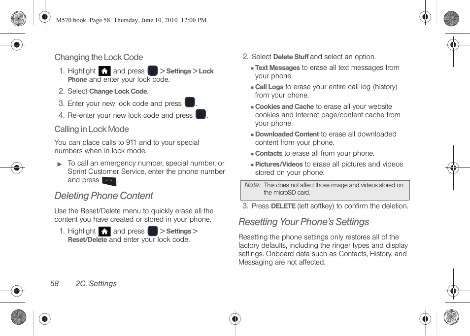 Deleting phone content, Resetting your phone’s settings | Samsung SPH-M570ZKASPR User Manual | Page 70 / 211