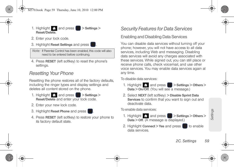 Resetting your phone, Security features for data services | Samsung SPH-M570ZKASPR User Manual | Page 71 / 211