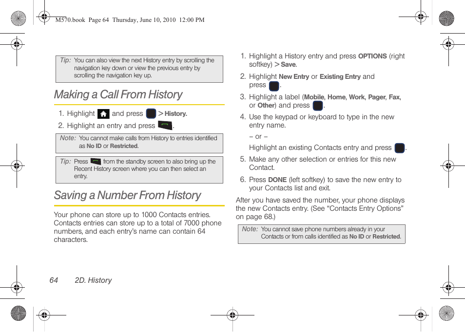 Making a call from history, Saving a number from history | Samsung SPH-M570ZKASPR User Manual | Page 76 / 211