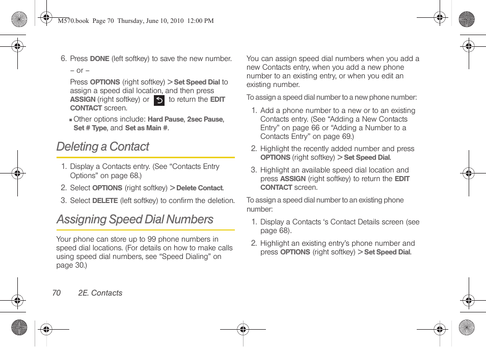 Deleting a contact, Assigning speed dial numbers | Samsung SPH-M570ZKASPR User Manual | Page 82 / 211