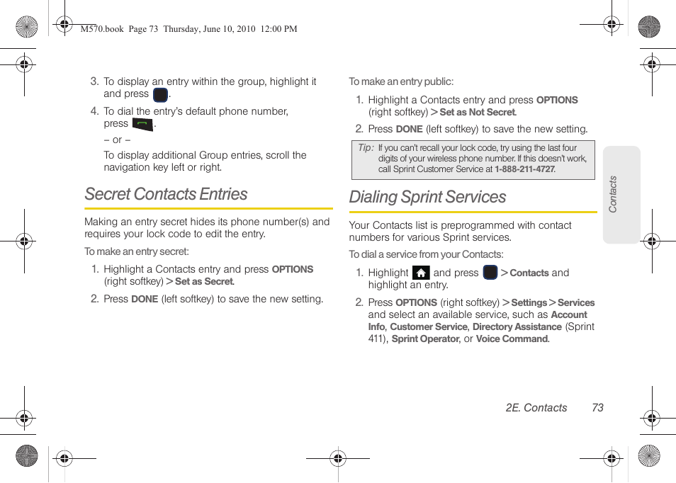 Secret contacts entries, Dialing sprint services | Samsung SPH-M570ZKASPR User Manual | Page 85 / 211