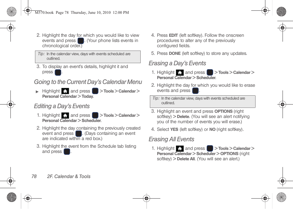 Going to the current day’s calendar menu, Editing a day’s events, Erasing a day’s events | Erasing all events | Samsung SPH-M570ZKASPR User Manual | Page 90 / 211