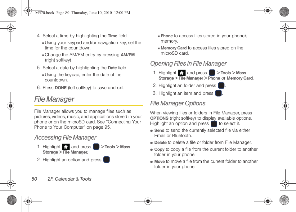 File manager, Accessing file manager, Opening files in file manager | File manager options | Samsung SPH-M570ZKASPR User Manual | Page 92 / 211