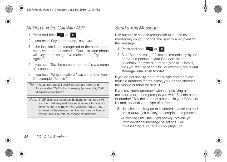 Making a voice call with asr, Send a text message | Samsung SPH-M570ZKASPR User Manual | Page 98 / 211