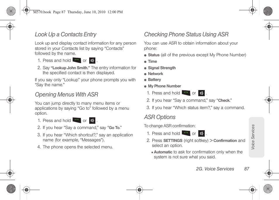 Look up a contacts entry, Opening menus with asr, Checking phone status using asr | Asr options | Samsung SPH-M570ZKASPR User Manual | Page 99 / 211