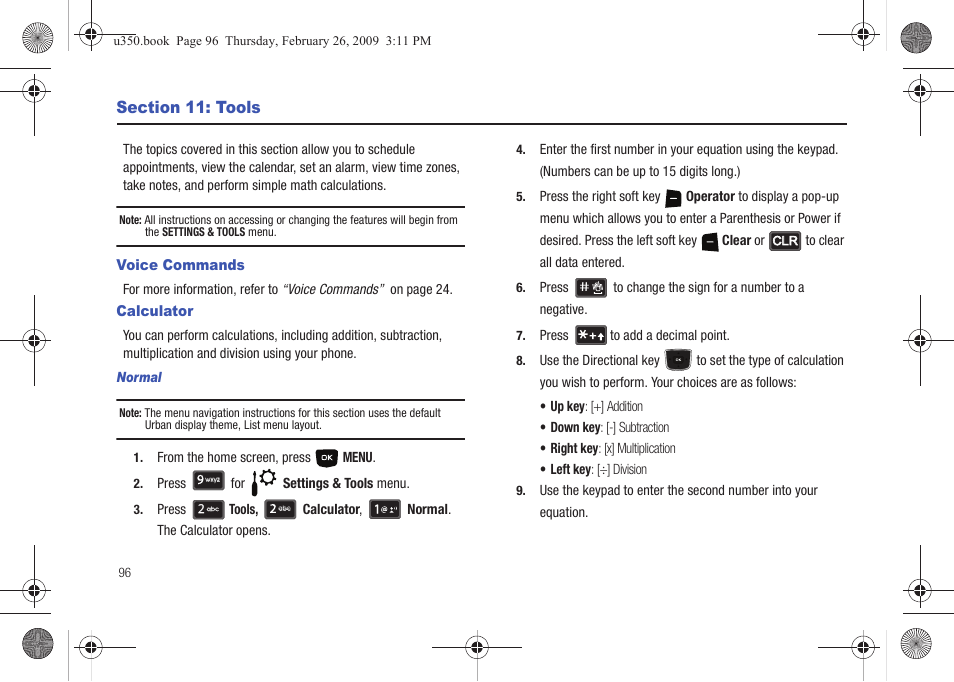 Section 11: tools, Voice commands, Calculator | Voice commands calculator | Samsung SCH-U350MAAVZW User Manual | Page 100 / 143