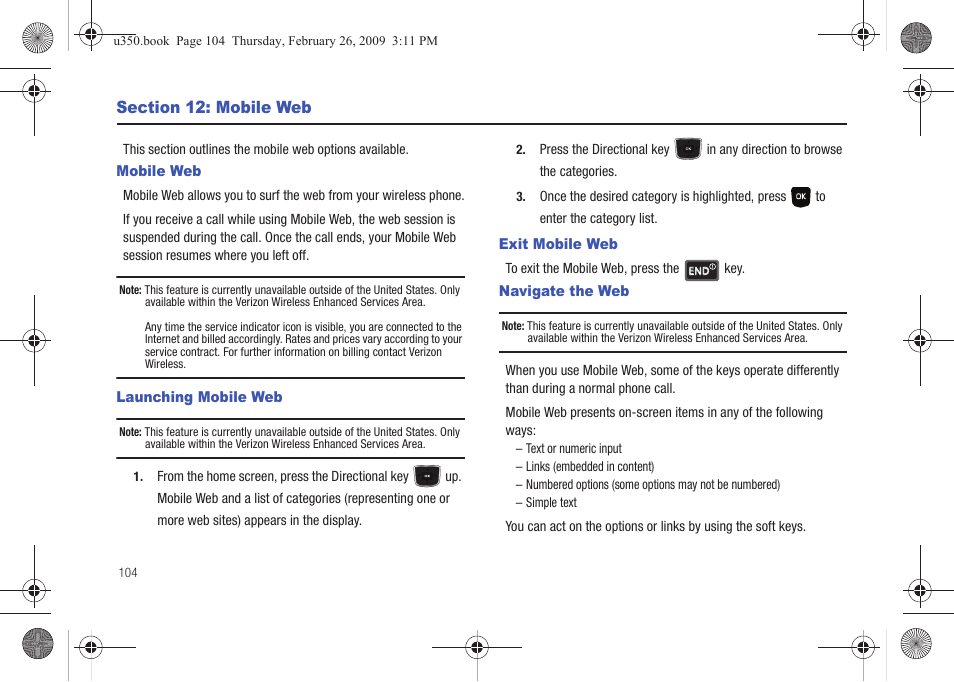 Section 12: mobile web, Mobile web, Launching mobile web | Exit mobile web, Navigate the web | Samsung SCH-U350MAAVZW User Manual | Page 108 / 143