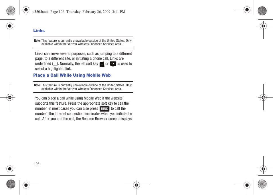 Links, Place a call while using mobile web, Links place a call while using mobile web | Samsung SCH-U350MAAVZW User Manual | Page 110 / 143