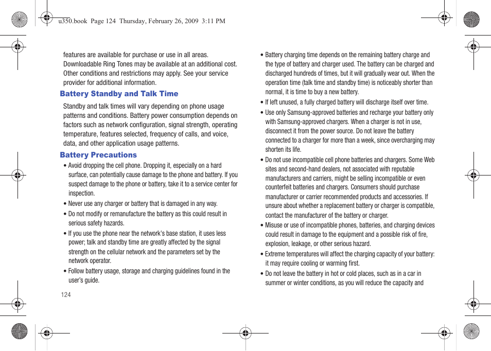 Battery standby and talk time, Battery precautions, Battery standby and talk time battery precautions | Samsung SCH-U350MAAVZW User Manual | Page 128 / 143