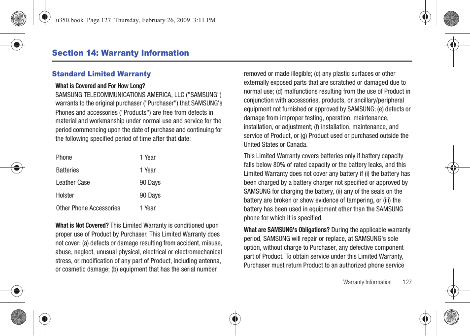 Section 14: warranty information, Standard limited warranty | Samsung SCH-U350MAAVZW User Manual | Page 131 / 143