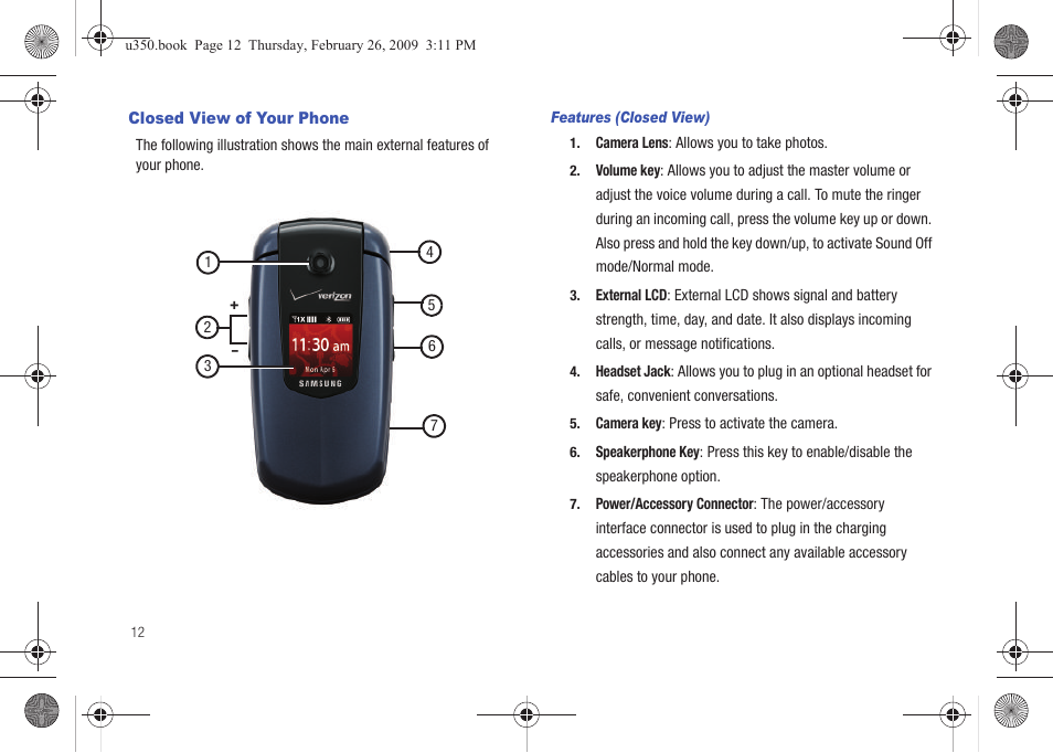 Closed view of your phone | Samsung SCH-U350MAAVZW User Manual | Page 16 / 143