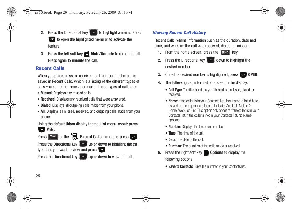 Recent calls | Samsung SCH-U350MAAVZW User Manual | Page 24 / 143