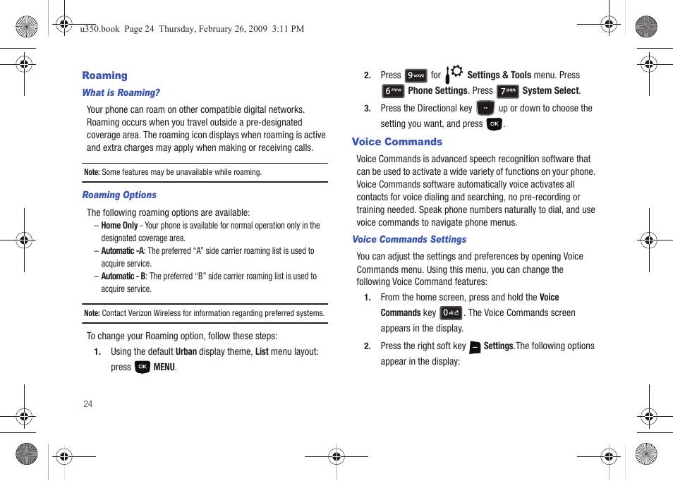 Roaming, Voice commands, Roaming voice commands | Samsung SCH-U350MAAVZW User Manual | Page 28 / 143