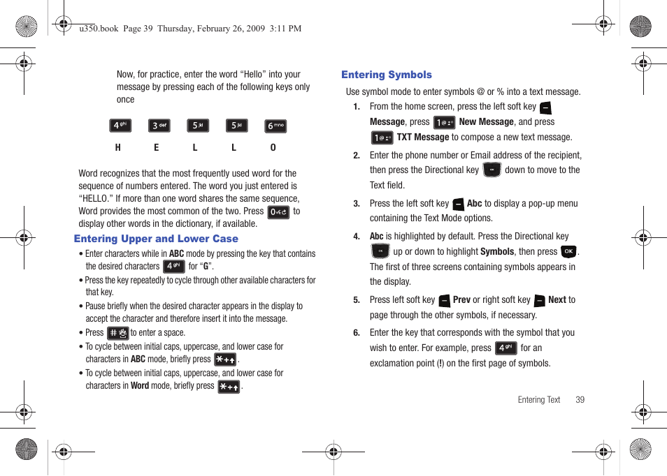 Entering upper and lower case, Entering symbols, Entering upper and lower case entering symbols | Samsung SCH-U350MAAVZW User Manual | Page 43 / 143