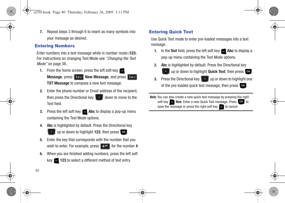 Entering numbers, Entering quick text, Entering numbers entering quick text | Samsung SCH-U350MAAVZW User Manual | Page 44 / 143