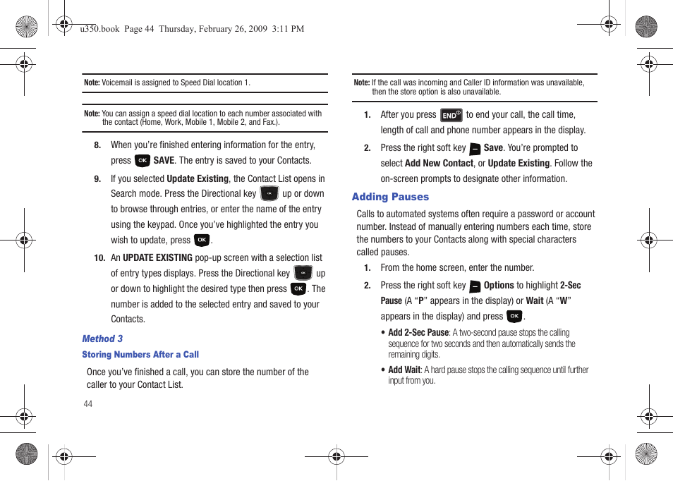 Adding pauses | Samsung SCH-U350MAAVZW User Manual | Page 48 / 143