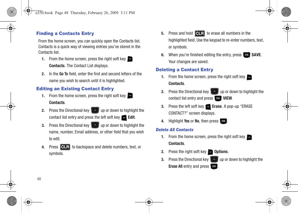 Finding a contacts entry, Editing an existing contact entry, Deleting a contact entry | Samsung SCH-U350MAAVZW User Manual | Page 52 / 143