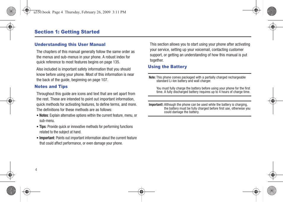 Section 1: getting started, Understanding this user manual, Notes and tips | Using the battery | Samsung SCH-U350MAAVZW User Manual | Page 8 / 143