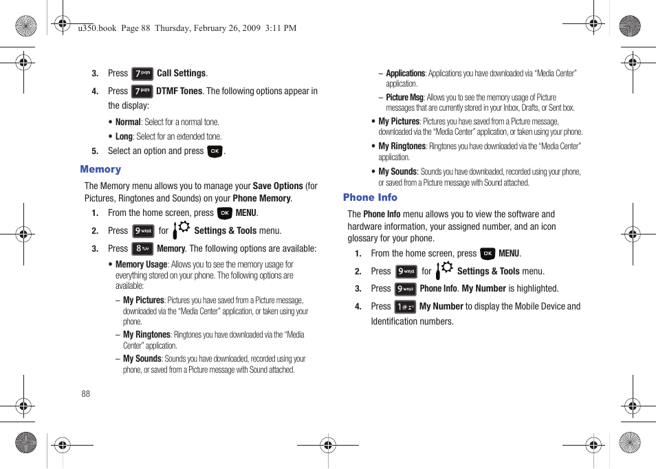 Memory, Phone info, Memory phone info | Samsung SCH-U350MAAVZW User Manual | Page 92 / 143