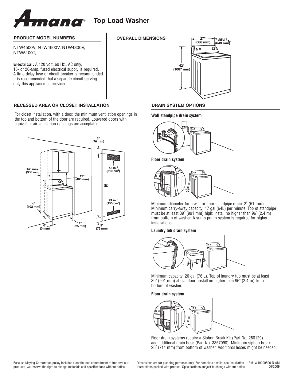 Amana NTW4600V User Manual | 1 page