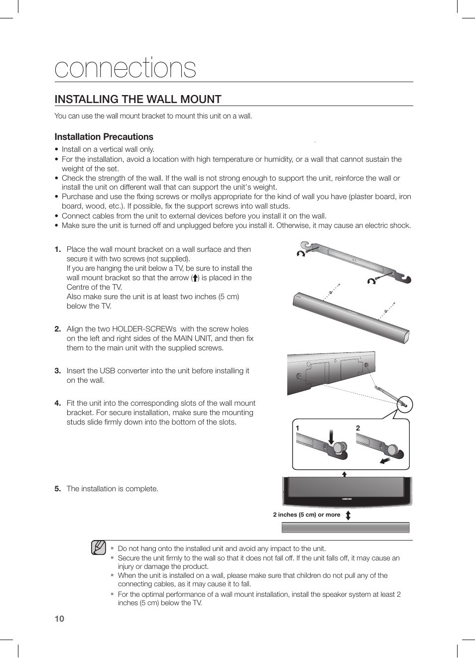 Connections, Installing the wall mount | Samsung HW-FM55C-ZA User Manual | Page 10 / 26
