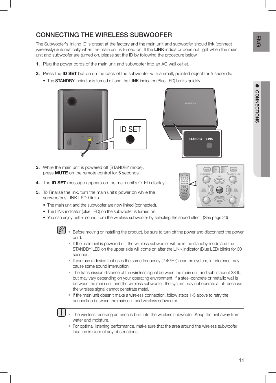 Connecting the wireless subwoofer, Conn e ctions | Samsung HW-FM55C-ZA User Manual | Page 11 / 26