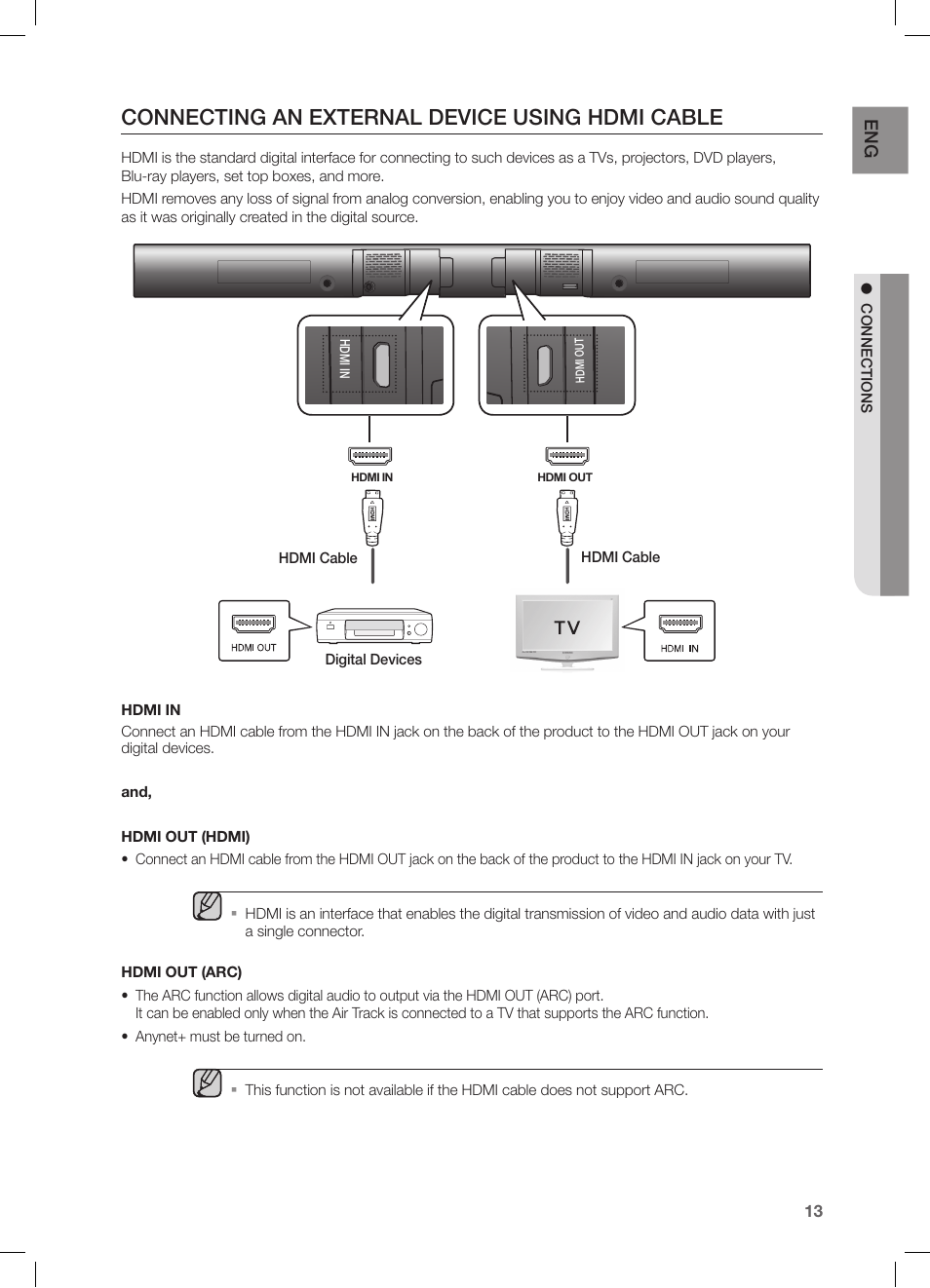 Connecting an external device using hdmi cable | Samsung HW-FM55C-ZA User Manual | Page 13 / 26