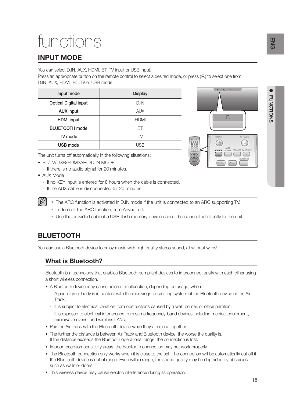 Functions, Input mode, Bluetooth | What is bluetooth | Samsung HW-FM55C-ZA User Manual | Page 15 / 26