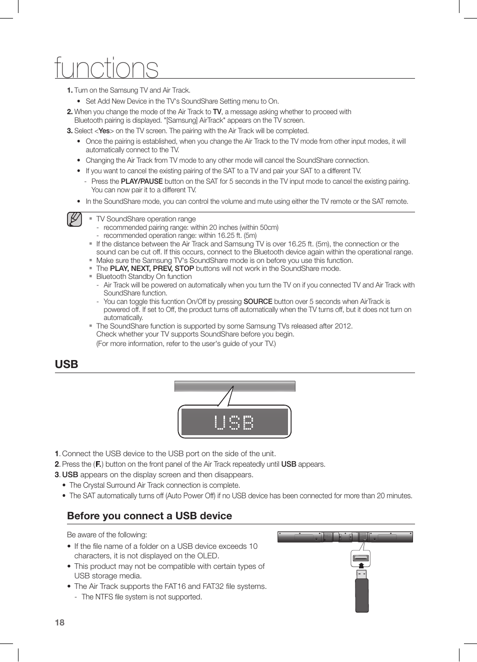 Functions, Before you connect a usb device | Samsung HW-FM55C-ZA User Manual | Page 18 / 26