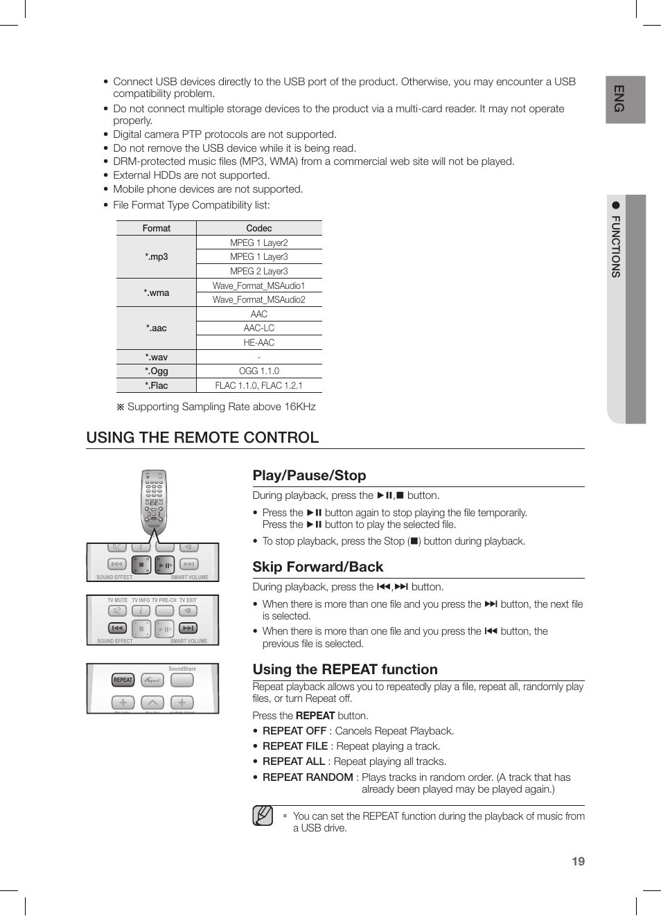 Using the remote control, Play/pause/stop, Skip forward/back | Using the repeat function, Supporting sampling rate above 16khz, Power tv power | Samsung HW-FM55C-ZA User Manual | Page 19 / 26