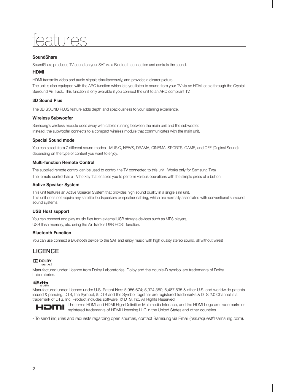 Features, Licence | Samsung HW-FM55C-ZA User Manual | Page 2 / 26