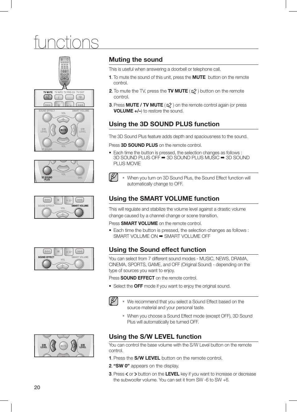 Functions, Muting the sound, Using the 3d sound plus function | Using the smart volume function, Using the sound effect function, Using the s/w level function, Power tv power | Samsung HW-FM55C-ZA User Manual | Page 20 / 26