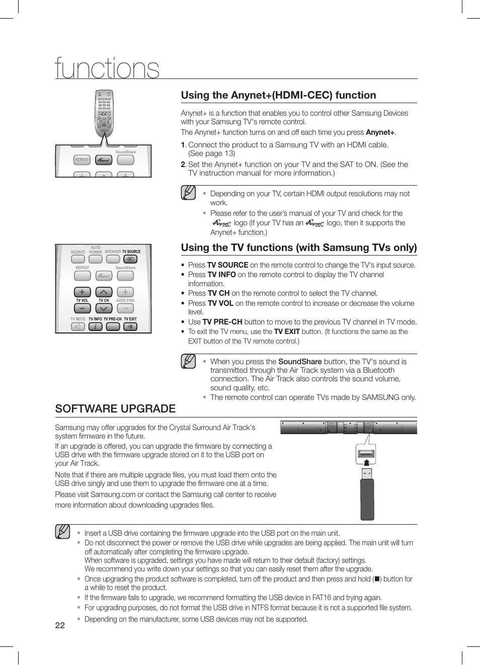 Software upgrade, Functions, Using the anynet+(hdmi-cec) function | Using the tv functions (with samsung tvs only) | Samsung HW-FM55C-ZA User Manual | Page 22 / 26
