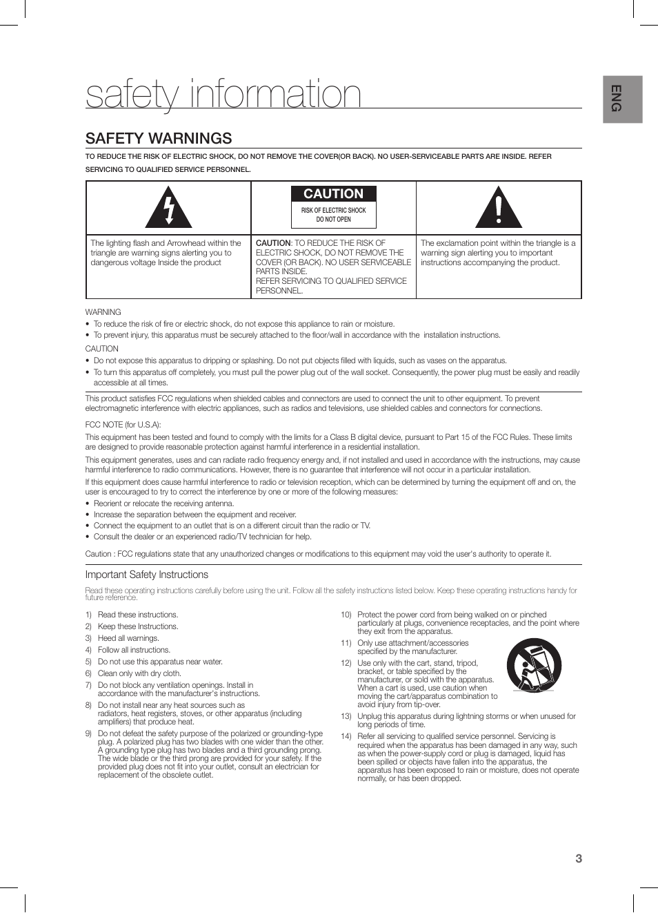 Safety information, Safety warnings, Caution | Samsung HW-FM55C-ZA User Manual | Page 3 / 26