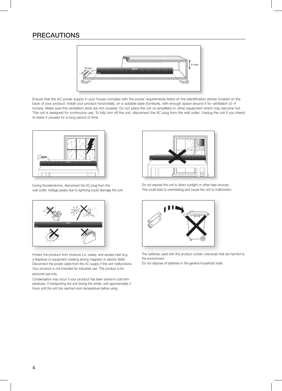 Precautions | Samsung HW-FM55C-ZA User Manual | Page 4 / 26
