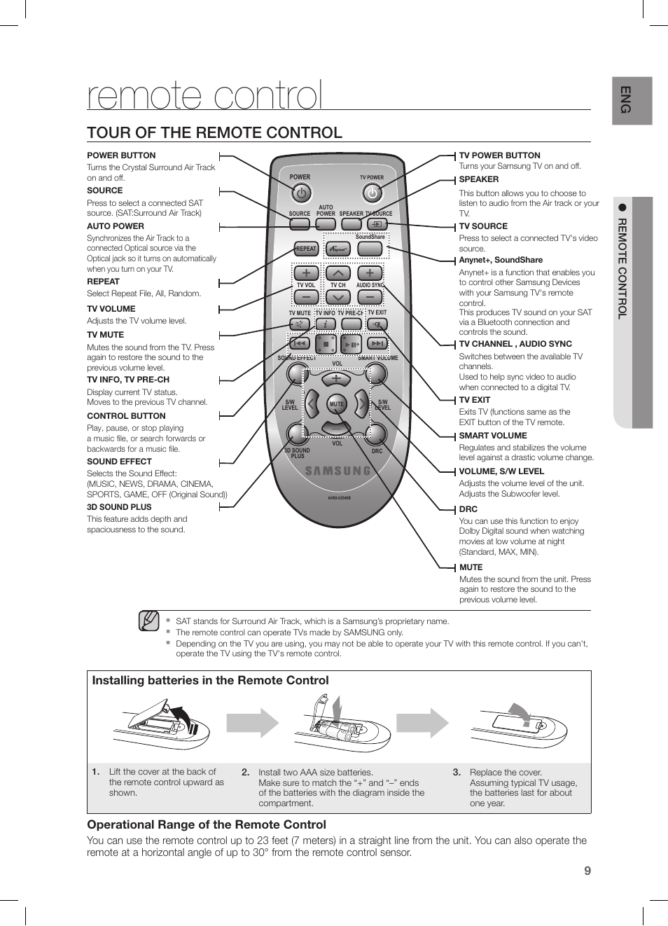 Remote control, Tour of the remote control, Installing batteries in the remote control | Operational range of the remote control | Samsung HW-FM55C-ZA User Manual | Page 9 / 26