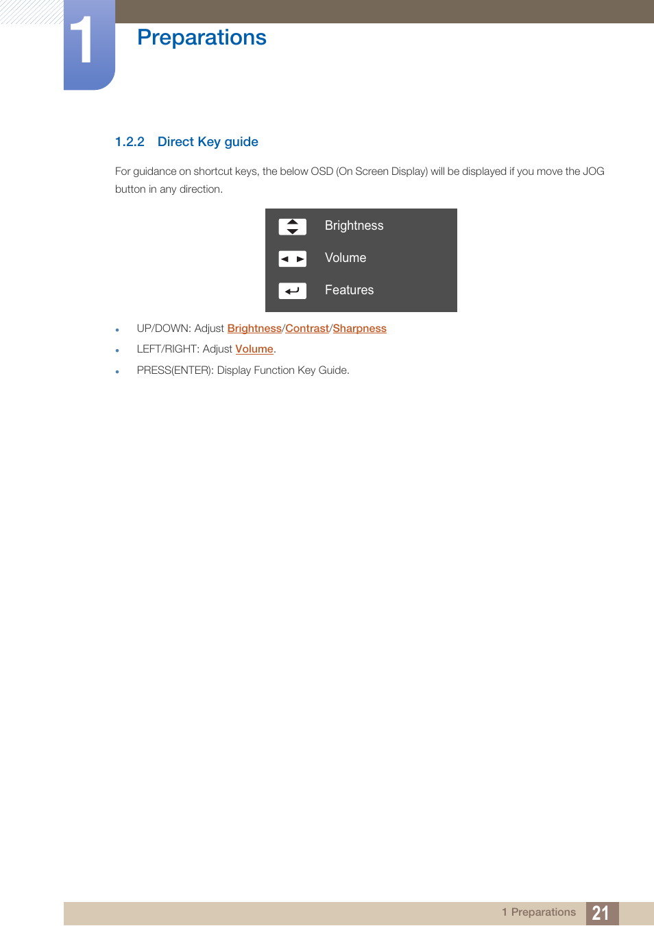 2 direct key guide, Direct key guide, Preparations | Samsung LU28D590DS-ZA User Manual | Page 21 / 101