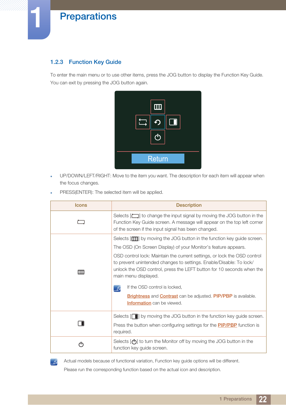 3 function key guide, Function key guide, Preparations | Return | Samsung LU28D590DS-ZA User Manual | Page 22 / 101