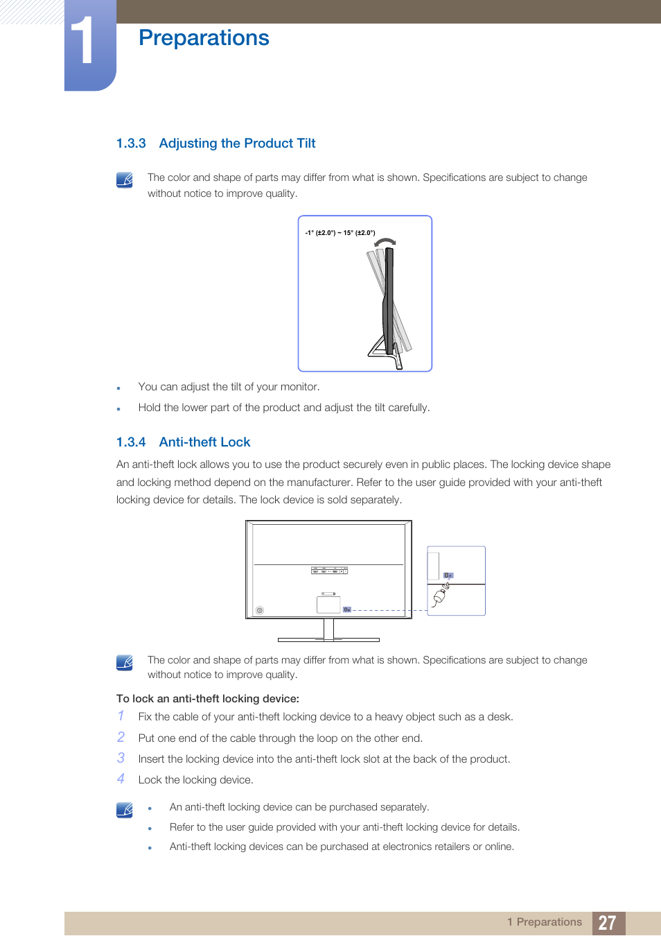 3 adjusting the product tilt, 4 anti-theft lock, Adjusting the product tilt | Anti-theft lock, Preparations | Samsung LU28D590DS-ZA User Manual | Page 27 / 101