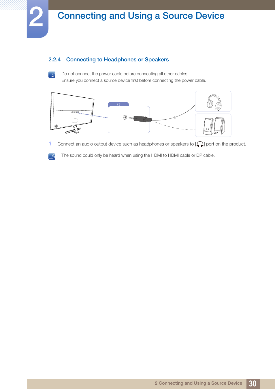 4 connecting to headphones or speakers, Connecting to headphones or speakers, Connecting and using a source device | Samsung LU28D590DS-ZA User Manual | Page 30 / 101