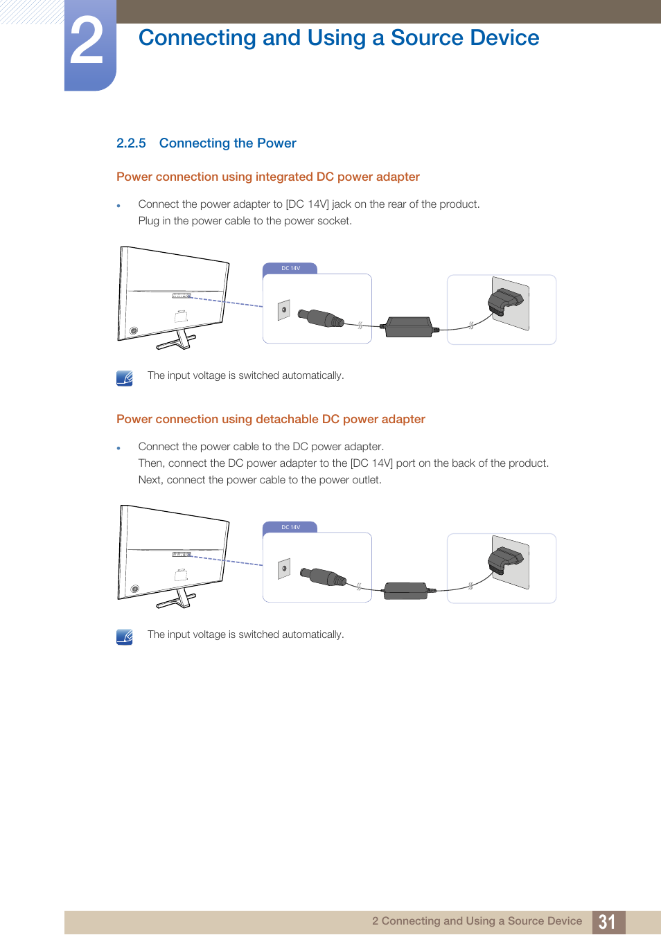 5 connecting the power, Connecting the power, Connecting and using a source device | Samsung LU28D590DS-ZA User Manual | Page 31 / 101