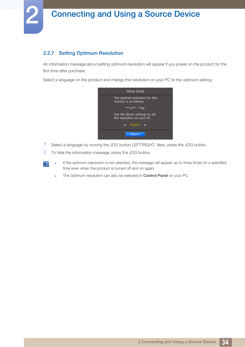 7 setting optimum resolution, Setting optimum resolution, Connecting and using a source device | Samsung LU28D590DS-ZA User Manual | Page 34 / 101