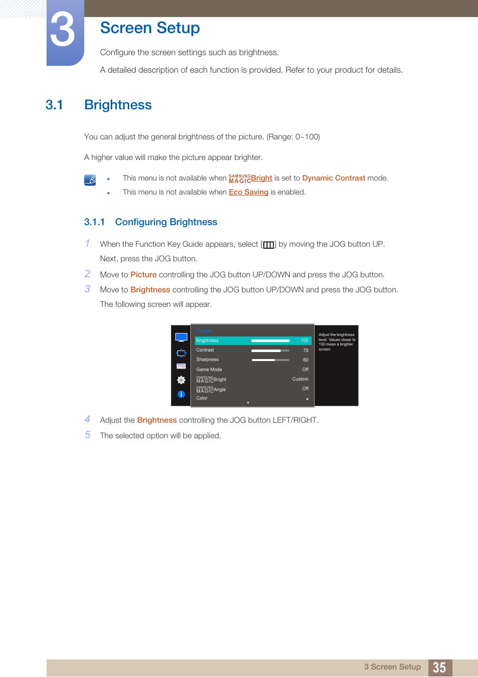 Screen setup, 1 brightness, 1 configuring brightness | Brightness, Configuring brightness | Samsung LU28D590DS-ZA User Manual | Page 35 / 101