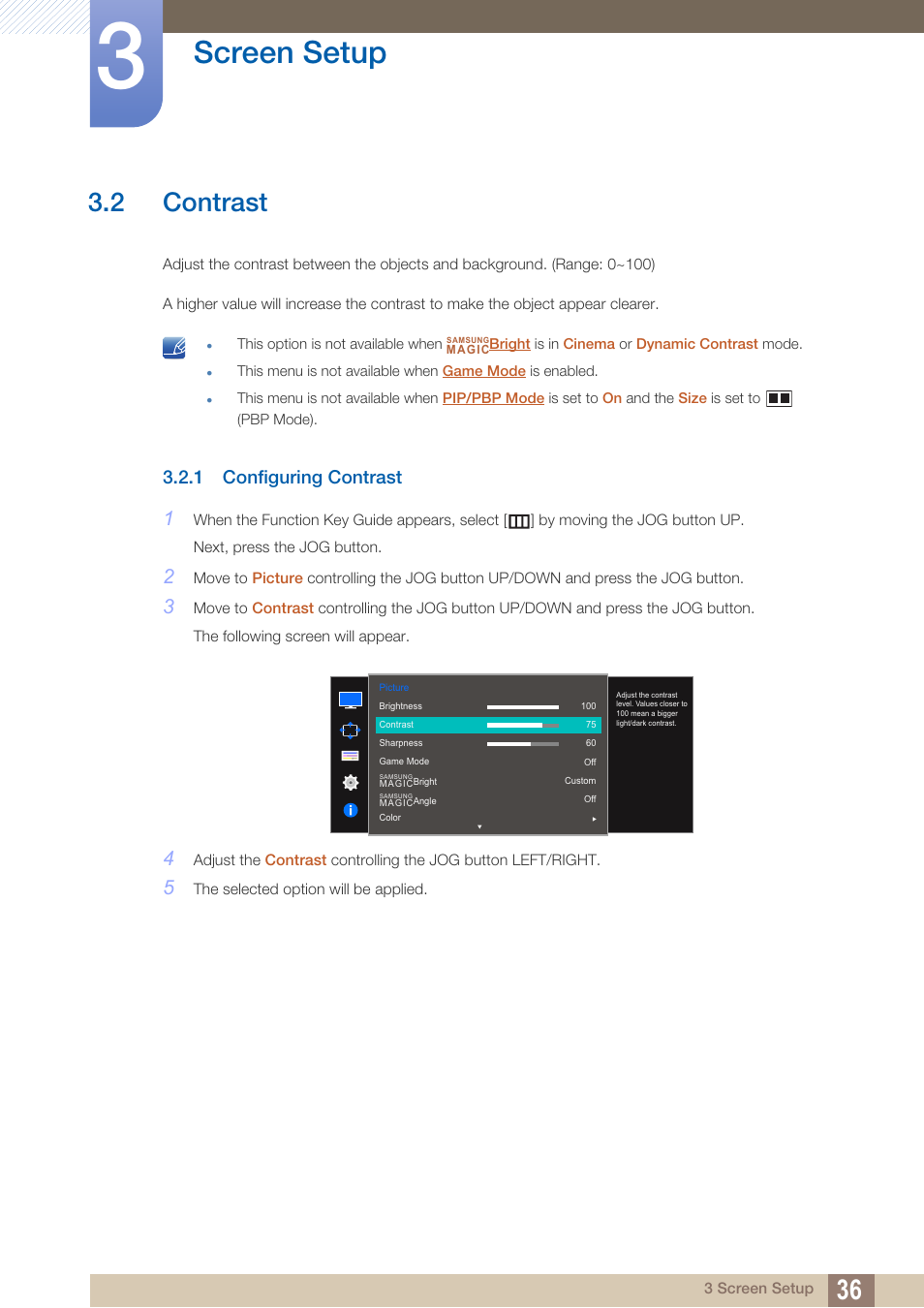 2 contrast, 1 configuring contrast, Contrast | Configuring contrast, Can be, Screen setup | Samsung LU28D590DS-ZA User Manual | Page 36 / 101
