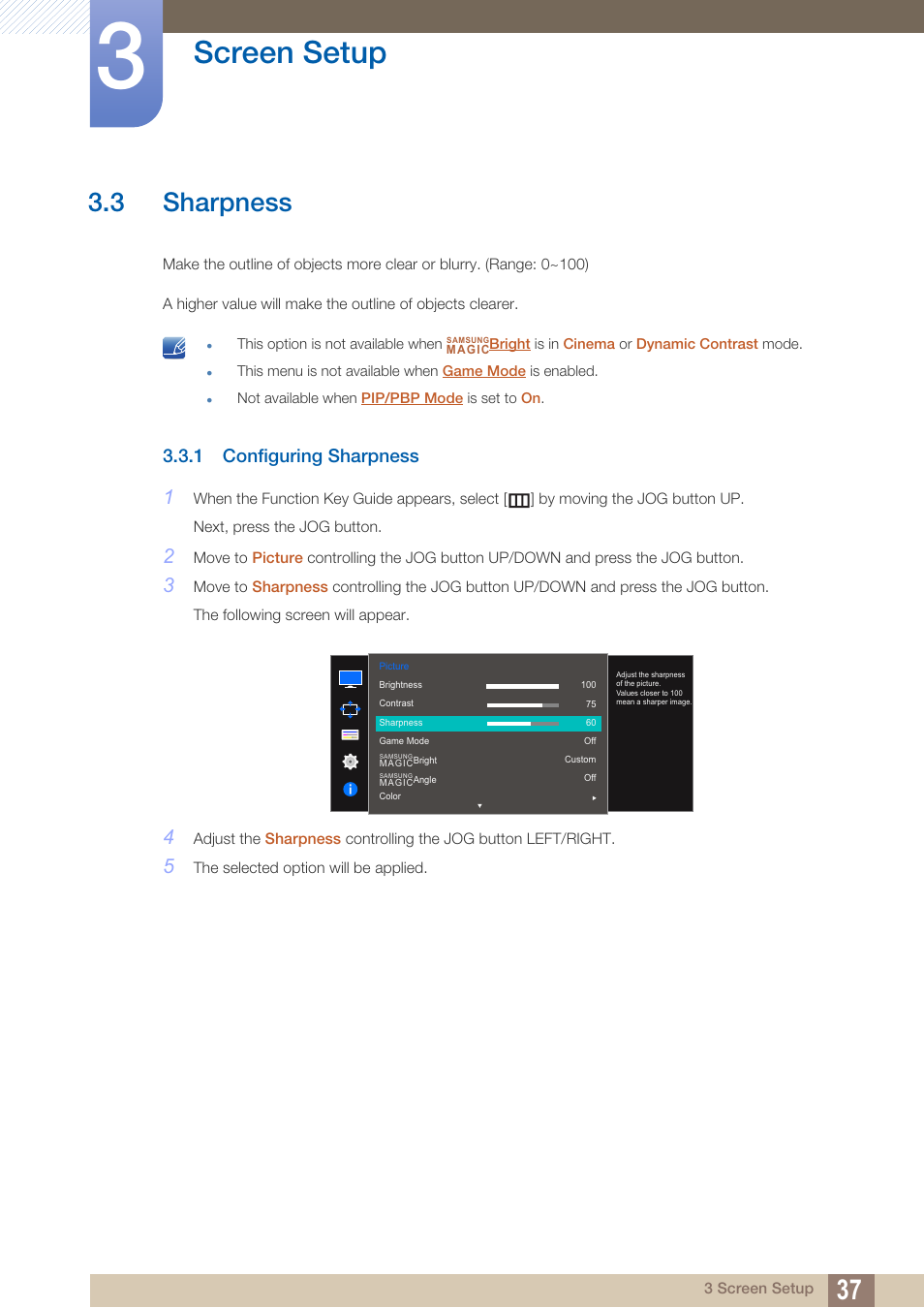 3 sharpness, 1 configuring sharpness, Sharpness | Configuring sharpness, Screen setup | Samsung LU28D590DS-ZA User Manual | Page 37 / 101