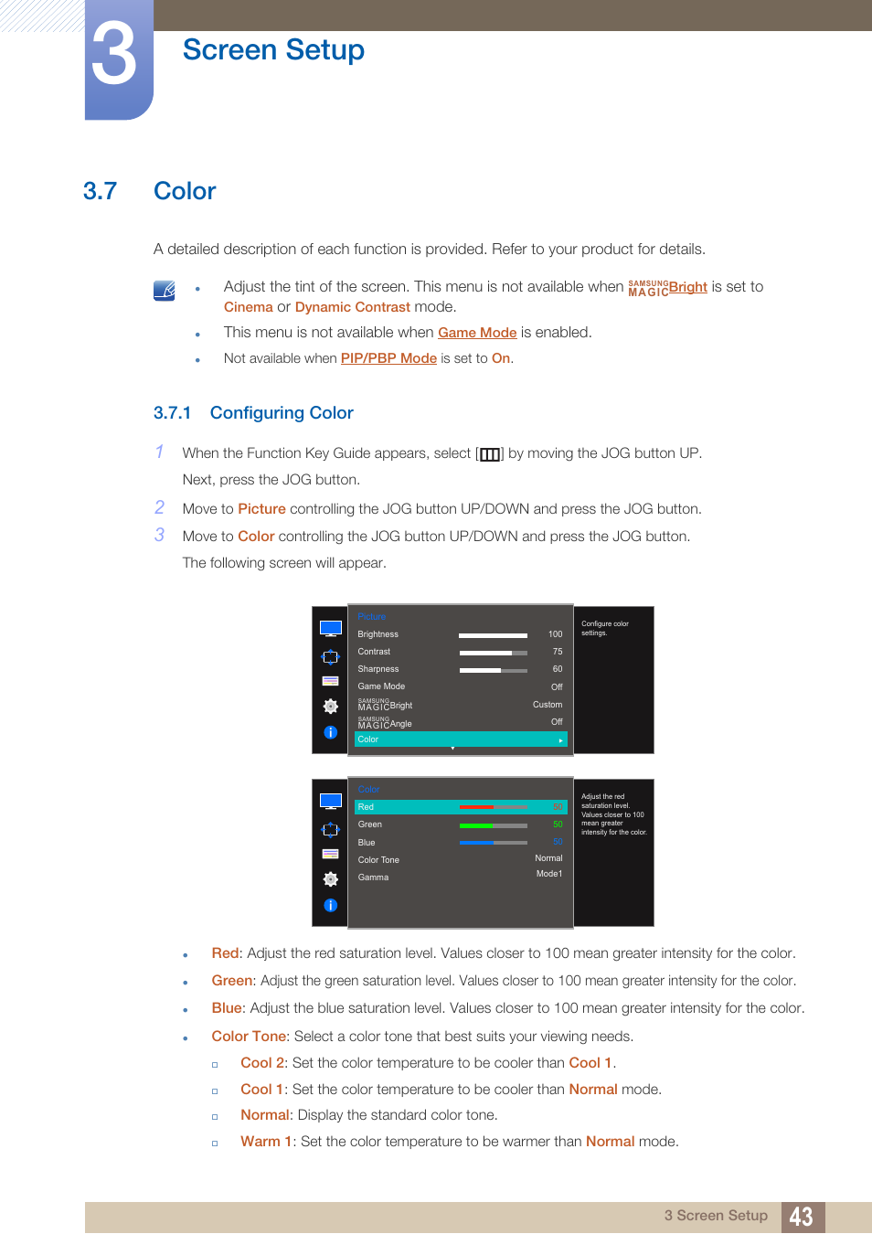 7 color, 1 configuring color, Color | Configuring color, Screen setup | Samsung LU28D590DS-ZA User Manual | Page 43 / 101