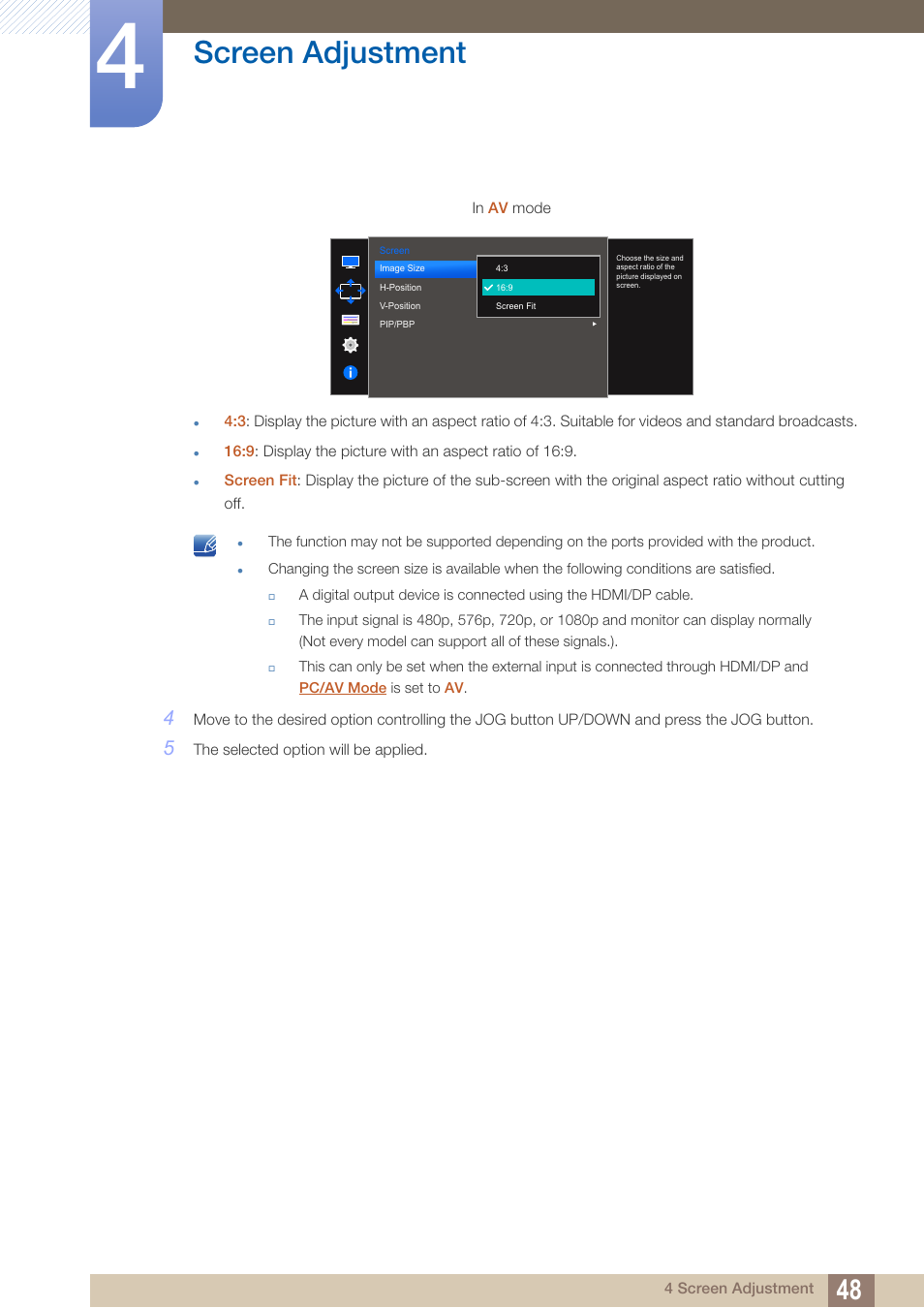 Screen adjustment | Samsung LU28D590DS-ZA User Manual | Page 48 / 101